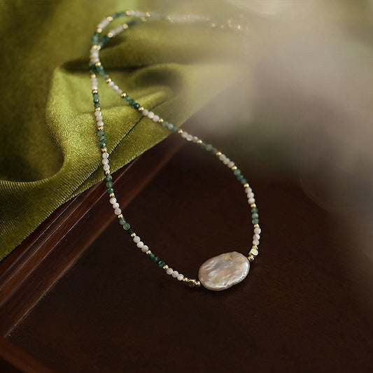 Freshwater Baroque Pearl Choker Necklace with Natural Green Stone