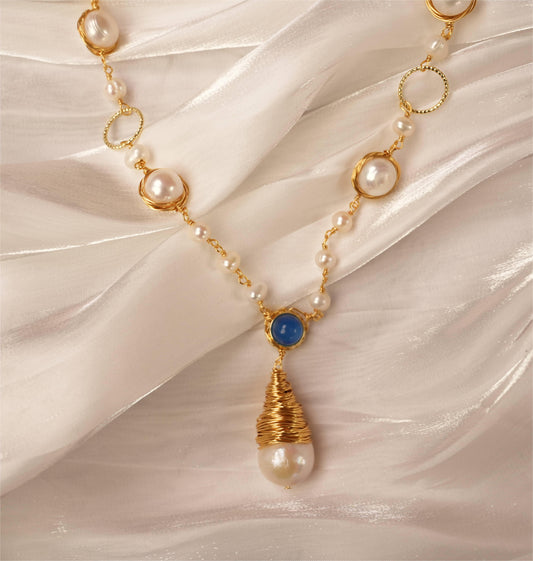 Baroque Pearl Blue Agate Pendant Necklace