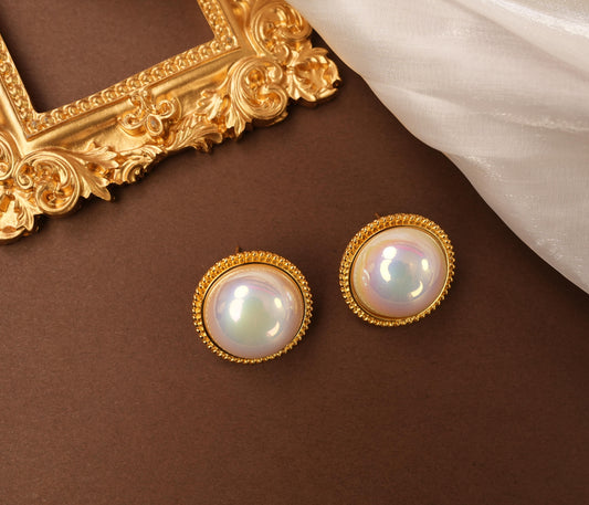 S925 Silver Needles Pearl Button Stud Earrings  18 K Plated