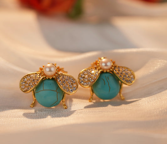 Green Genuine Turquoise With Pearl Bee Stud Earrings 18 K Plated