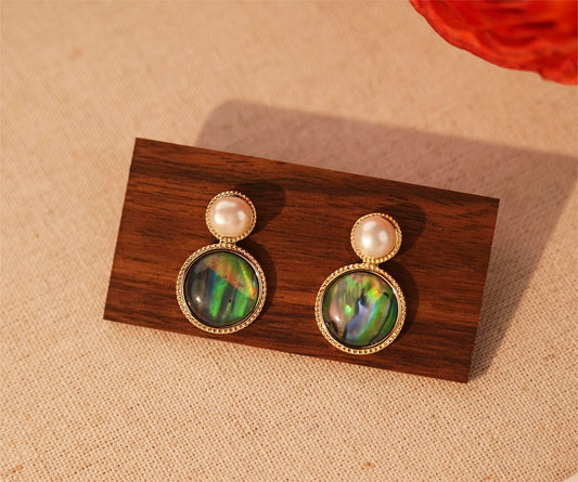 Abalone Shell With Round Shaped Freshwater Pearl 925 Sterling Silver Stud Earrings