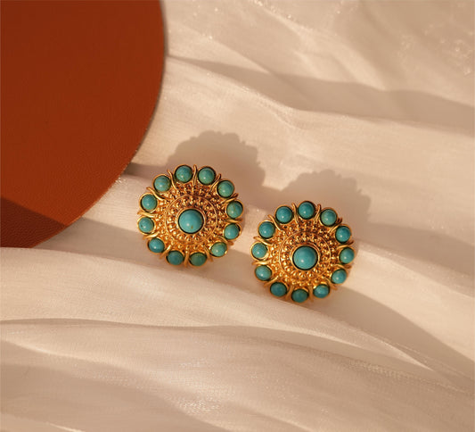 Chunky Turquoise Flowery Stud Earrings