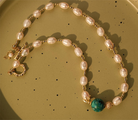 Freshwater Pearl  Turquoise Necklace for Women 18k Gold plated