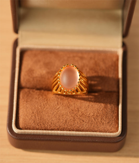18K Gold Plated Chunky Ring With Pink Liuli Stone